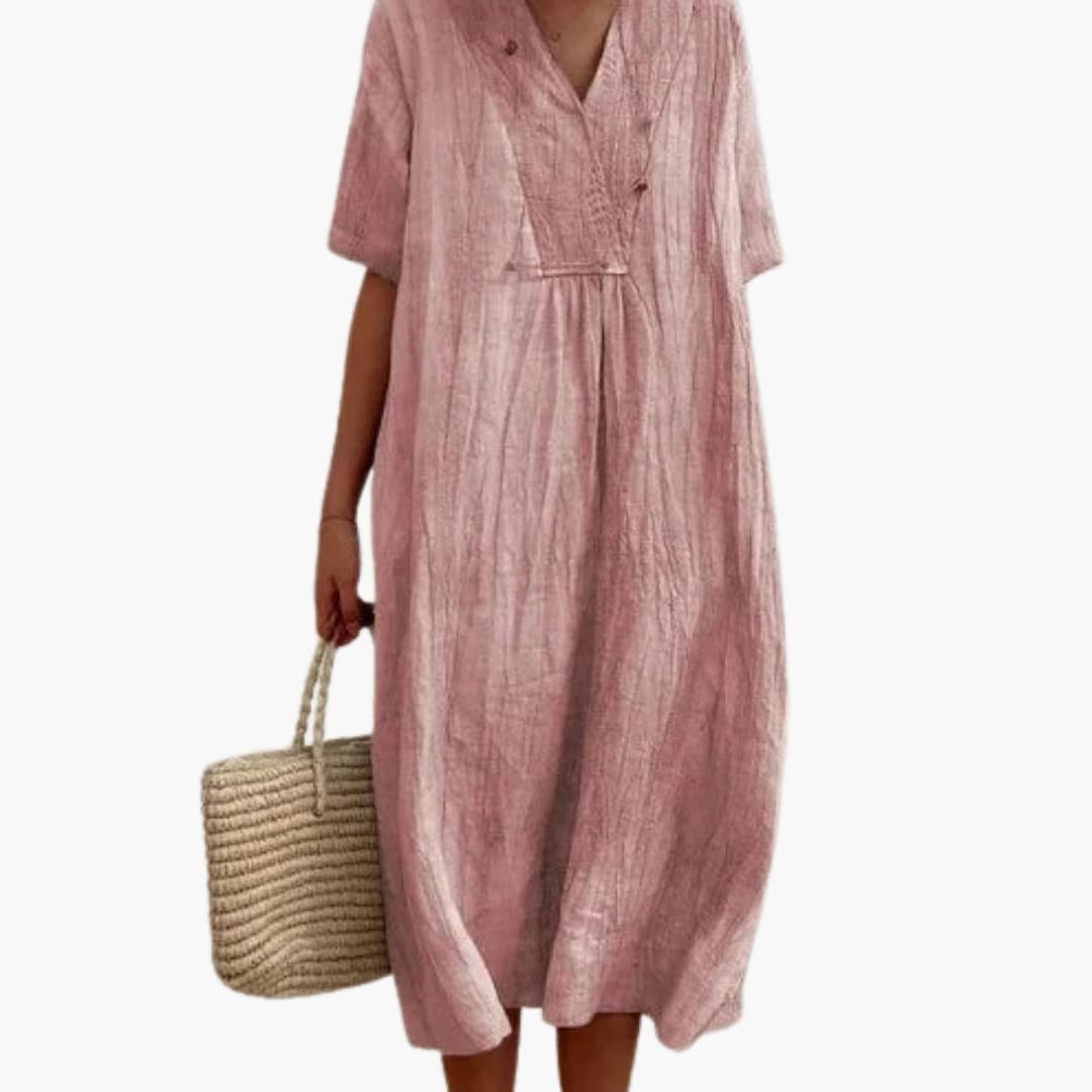 Women's Loose-Fit Short-Sleeve V-Neck Linen Mid-Length Dress