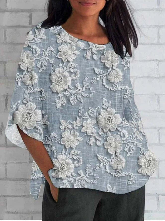 Women's Vintage-Style Floral Relaxed Blouse with Lace Trim