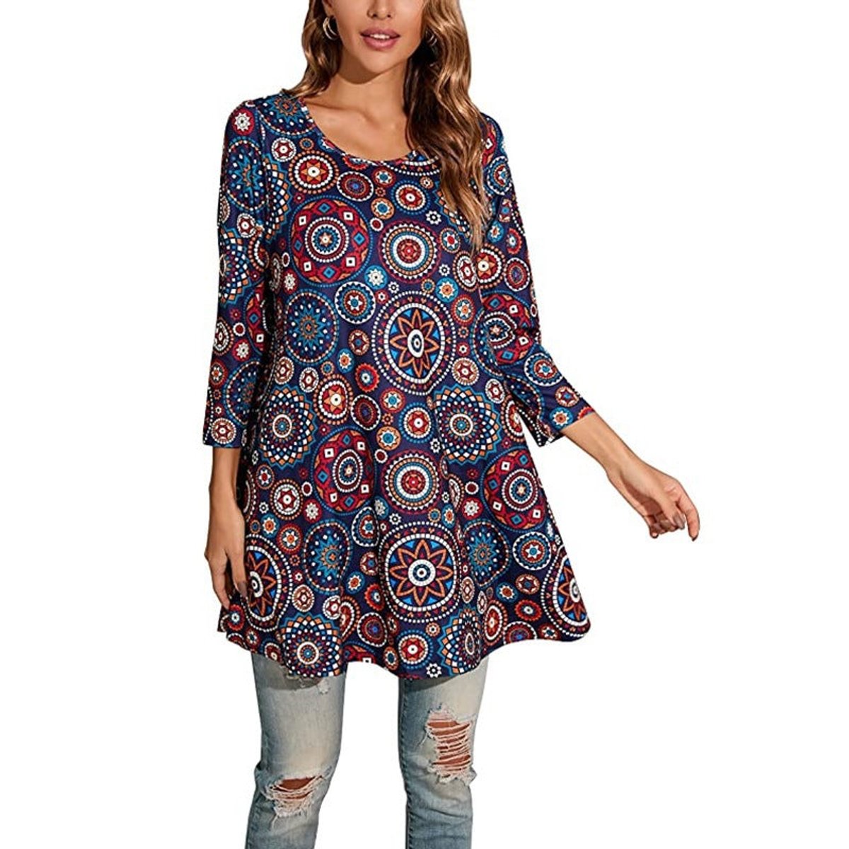 Women's 3/4-Sleeve Mandala Print Loose Tunic Top