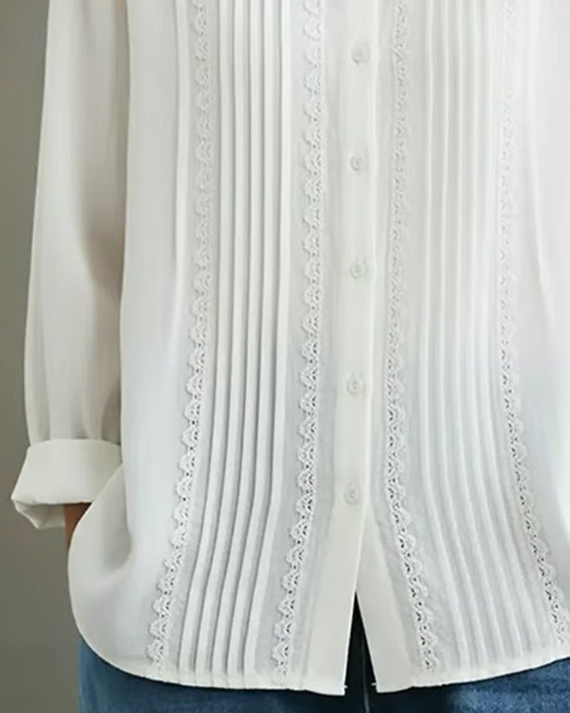 Women's Button-Front Pleated Lace Long-Sleeve Top in White