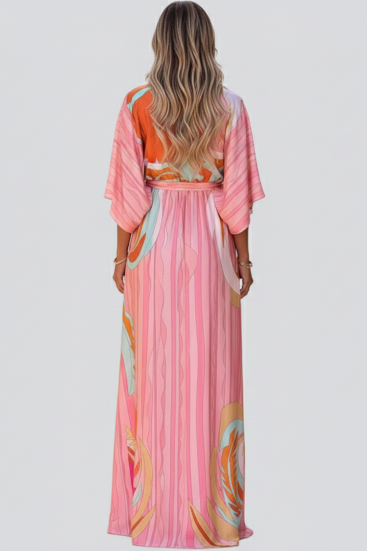 Women's Belted Patterned V-Neck Maxi Dress