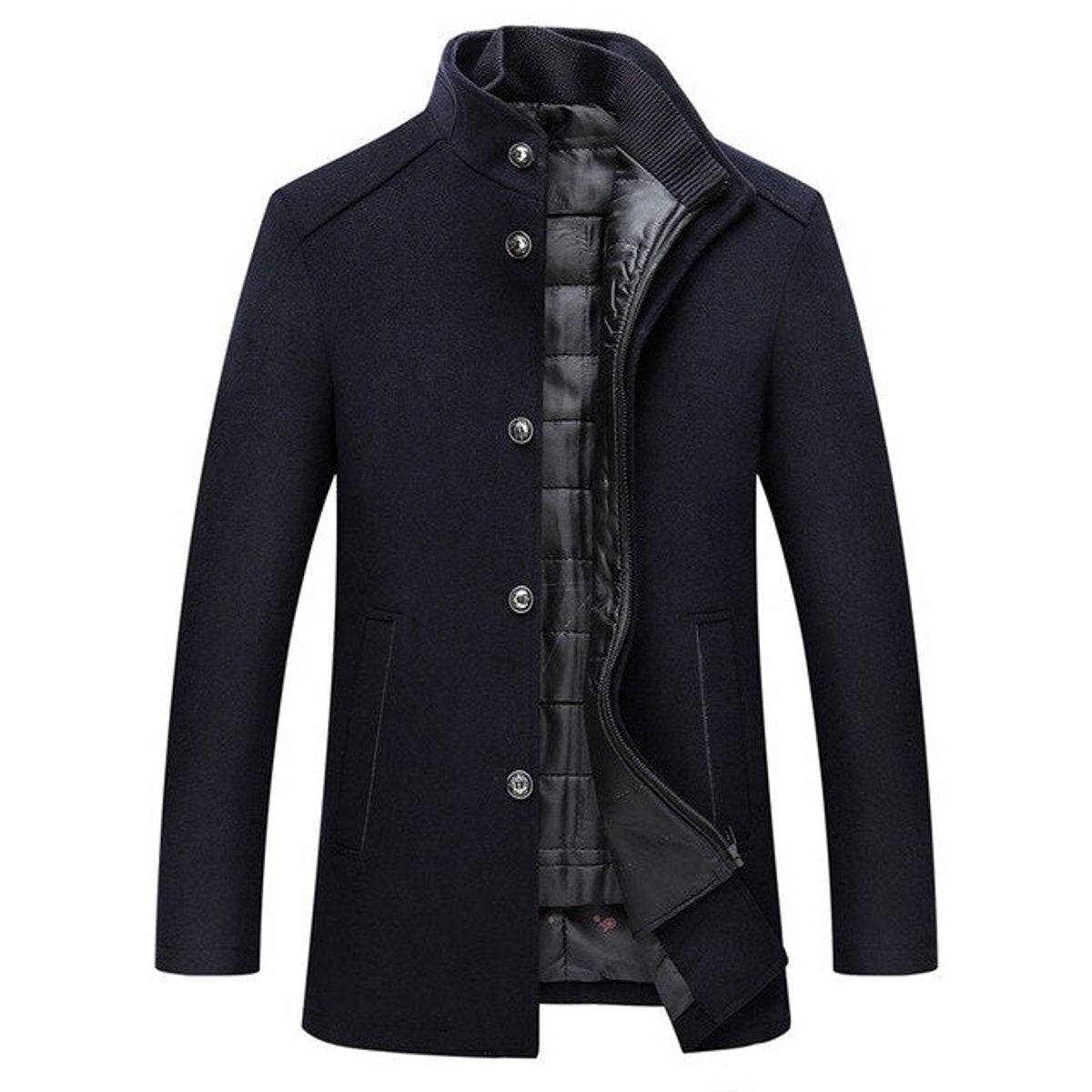 Men's Insulated Wool Winter Coat with Stand Collar and Quilted Lining