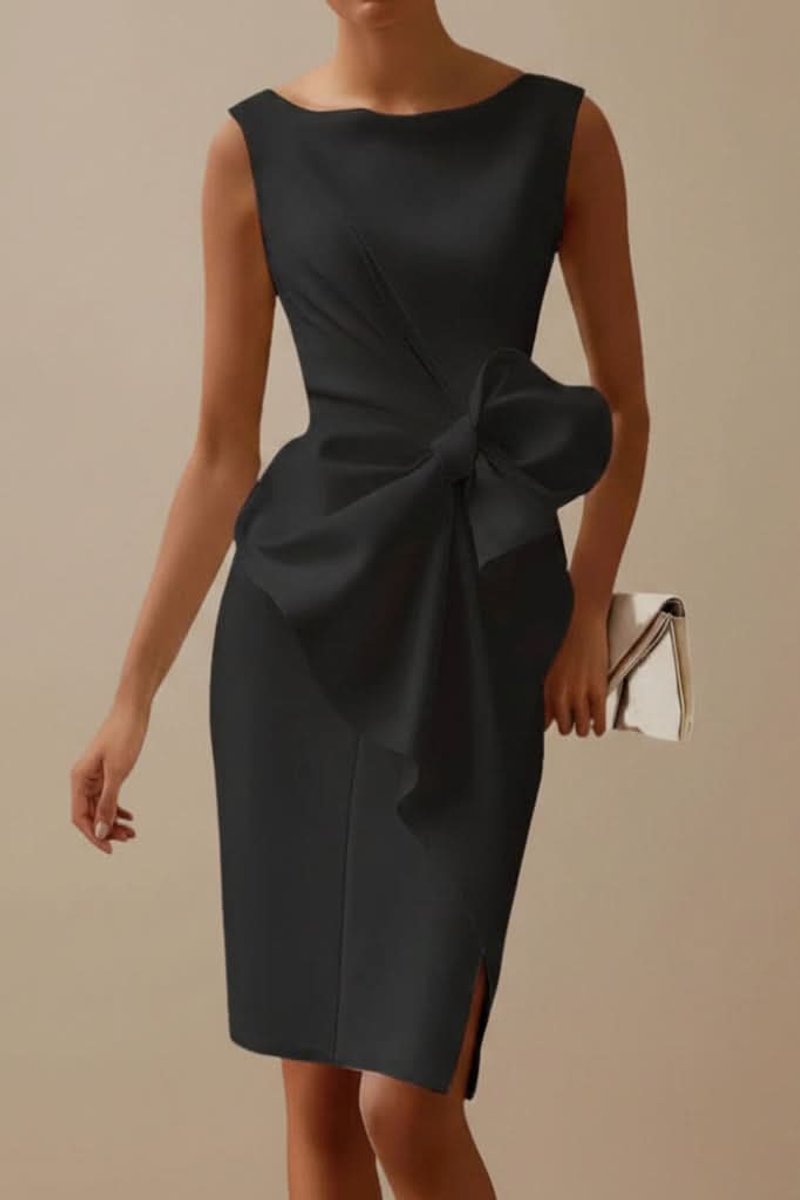 Women's Sleeveless Slit Midi Cocktail Dress with Bow Accent