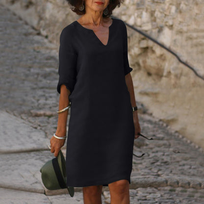 Plain Knee-Length V-Neck Dress for Women