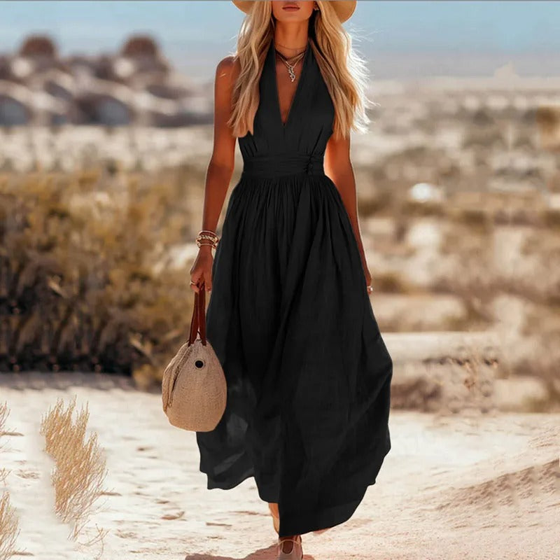 Women's Sleeveless Halterneck Linen Maxi Dress in Bohemian Style