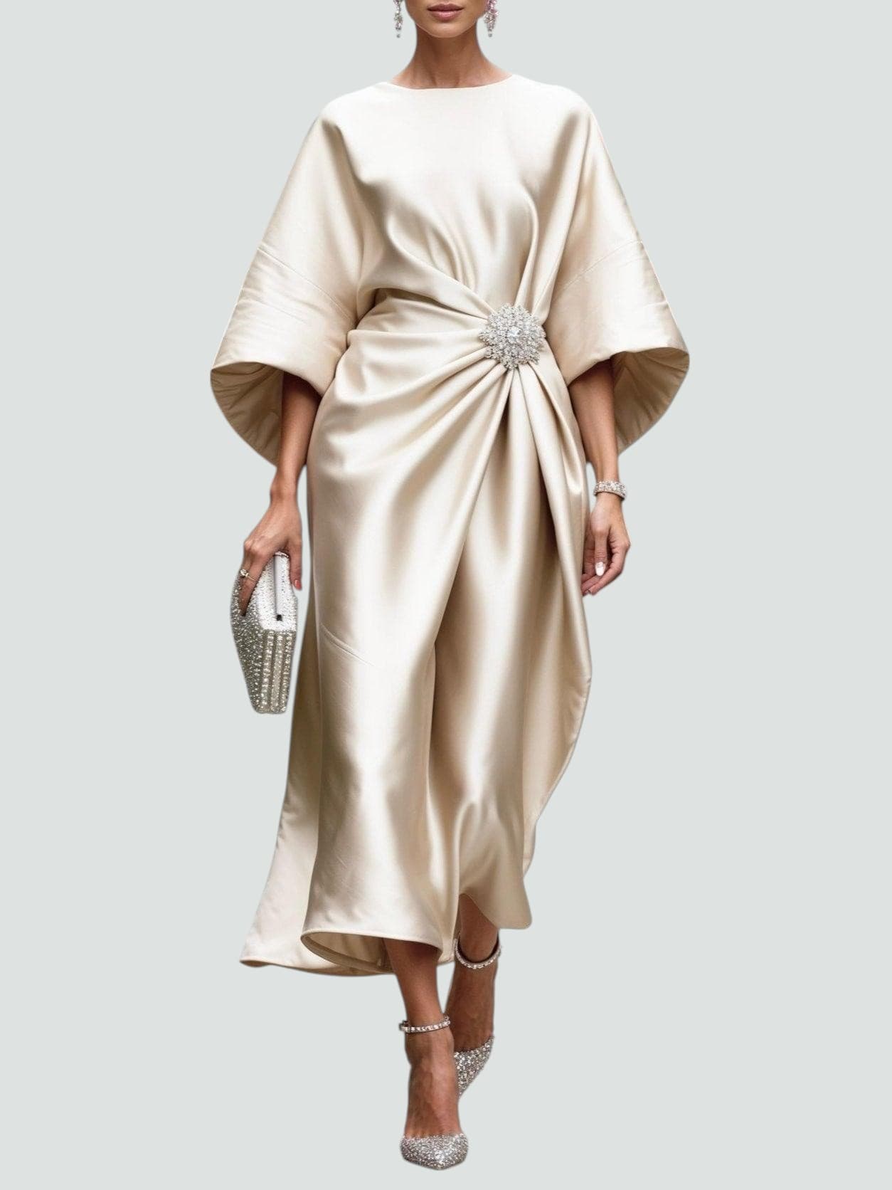 Women's Draped Maxi Dress with Brooch Accent