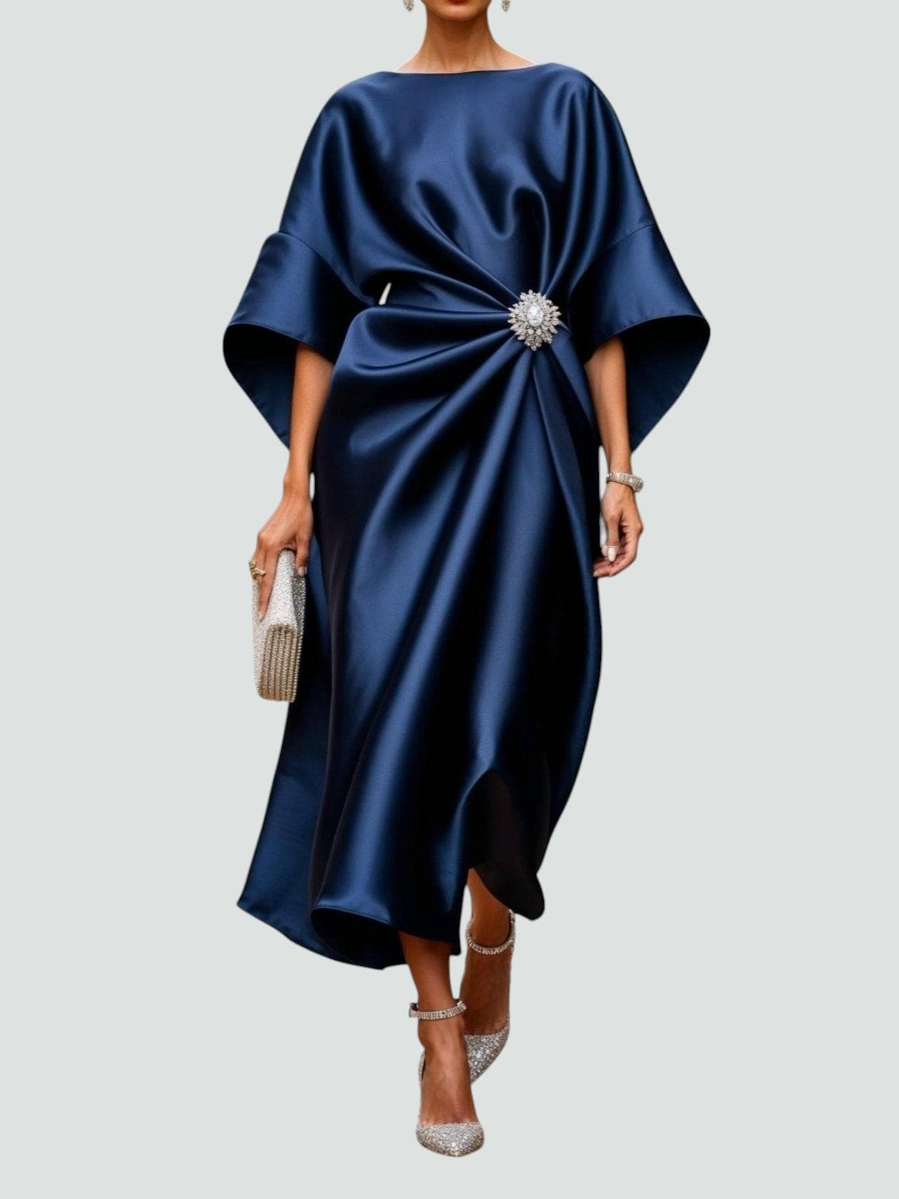 Women's Draped Maxi Dress with Brooch Accent