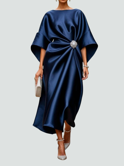 Women's Draped Maxi Dress with Brooch Accent