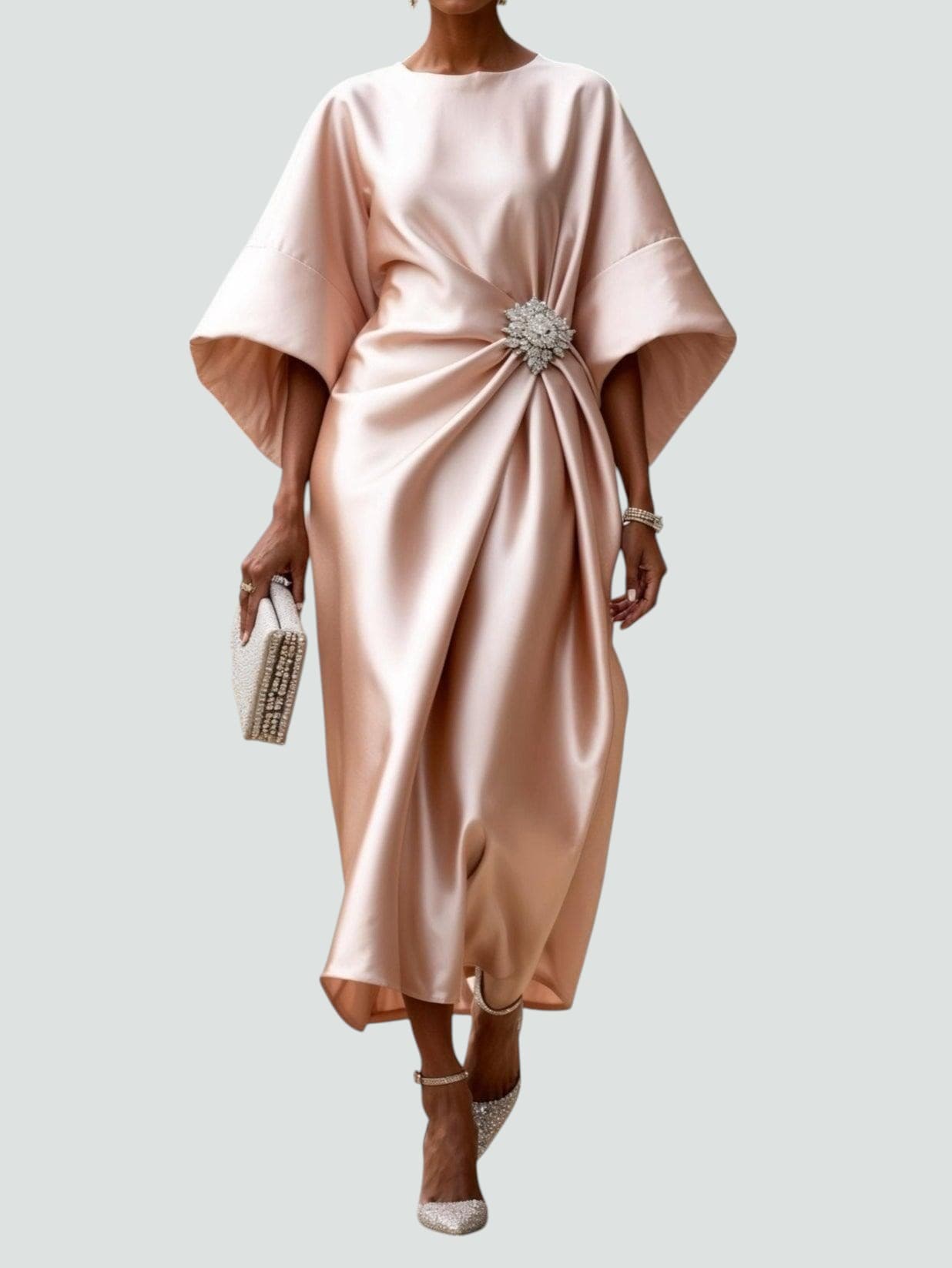 Women's Draped Maxi Dress with Brooch Accent