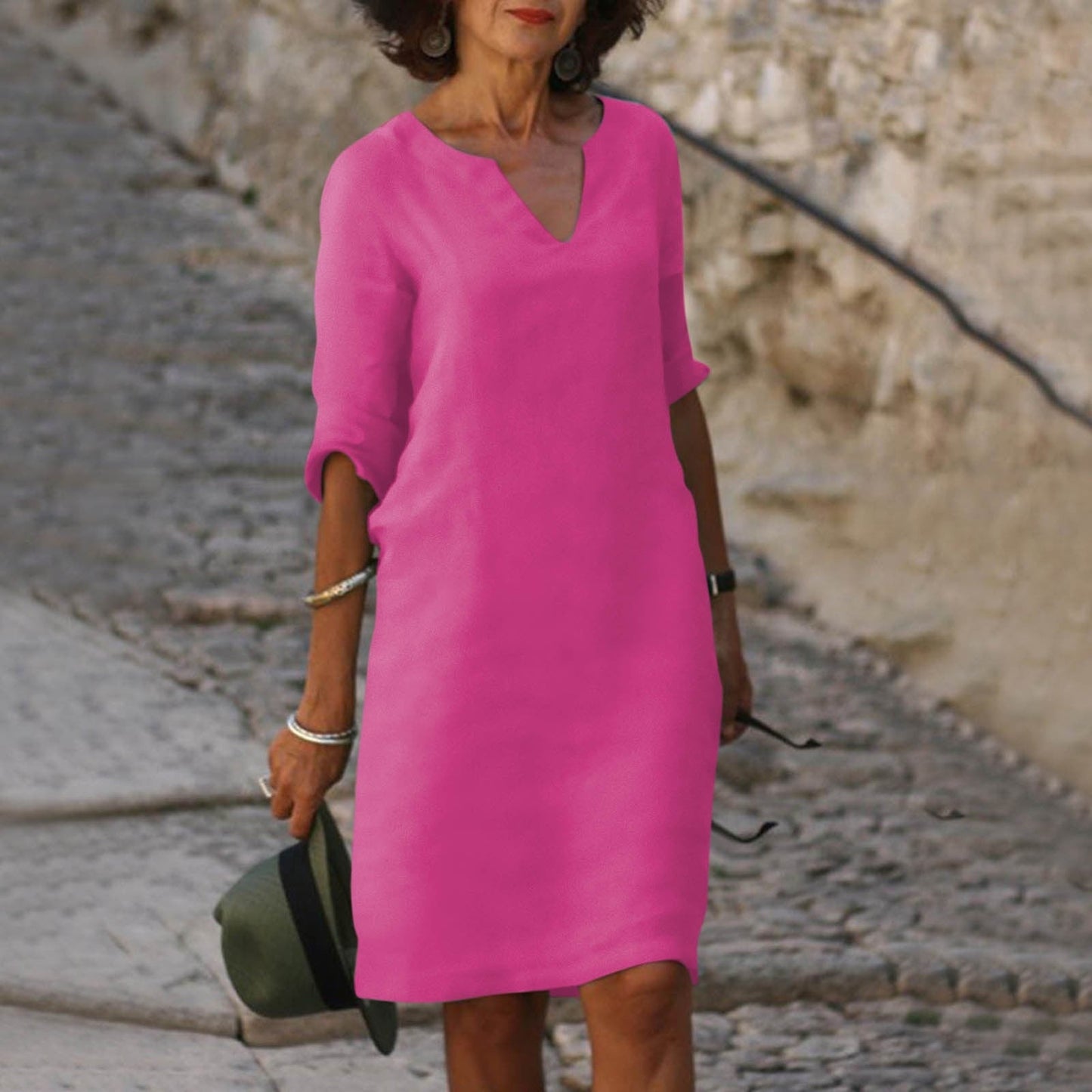 Plain Knee-Length V-Neck Dress for Women