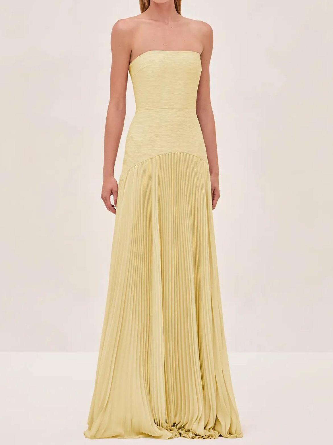 Women's Pleated Strapless Maxi Dress for Wedding Guests