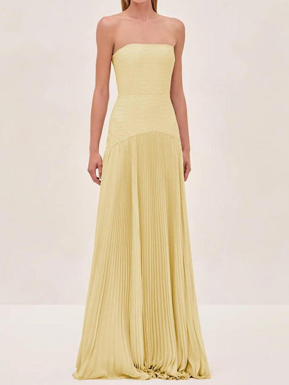Women's Pleated Strapless Maxi Dress for Wedding Guests