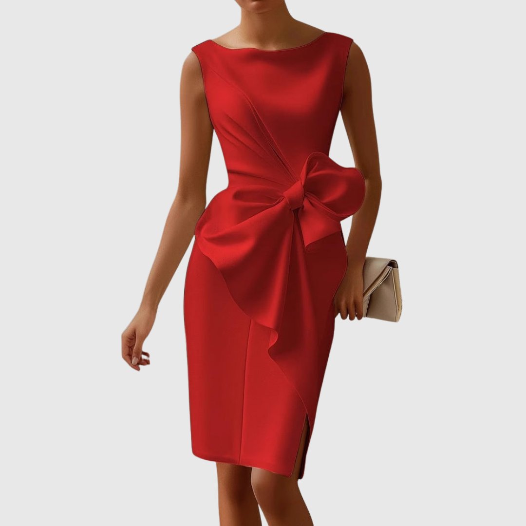 Women's Bow-Accent Elegant Midi Dress