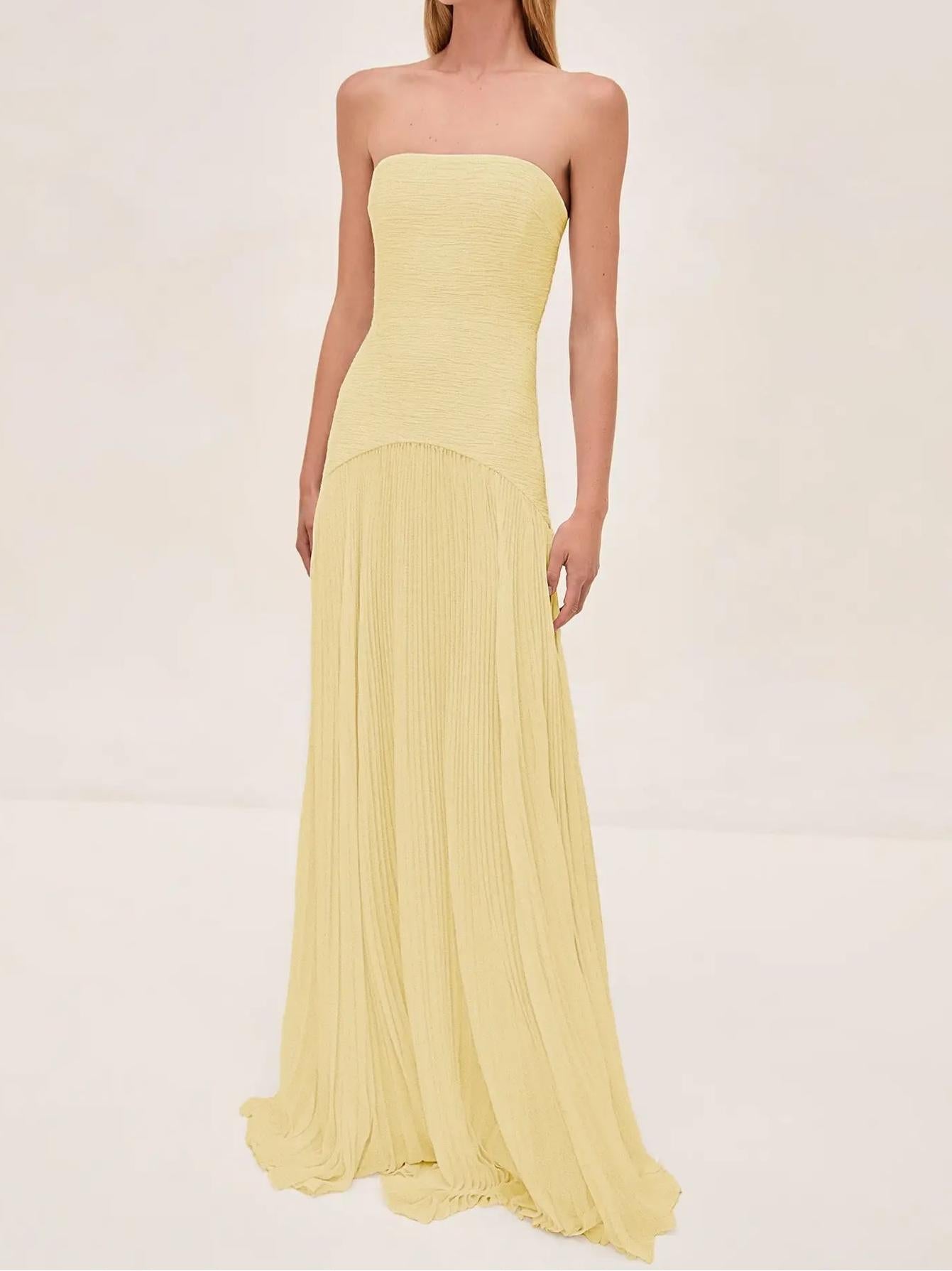 Women's Pleated Strapless Maxi Dress for Wedding Guests
