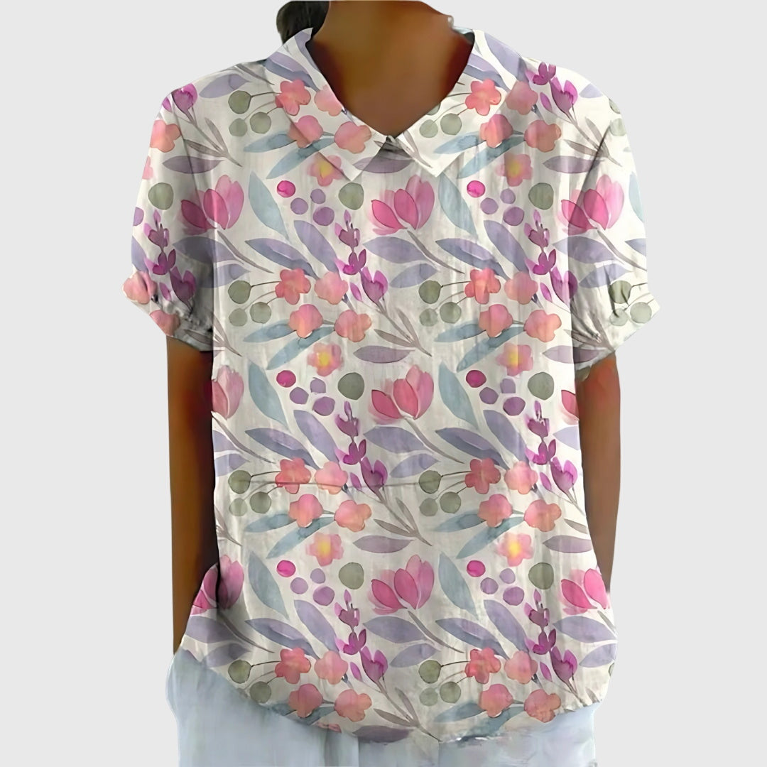 Women's Short-Sleeve Blouse with Floral Collar