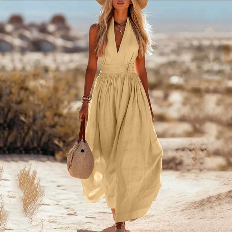 Women's Sleeveless Halterneck Linen Maxi Dress in Bohemian Style