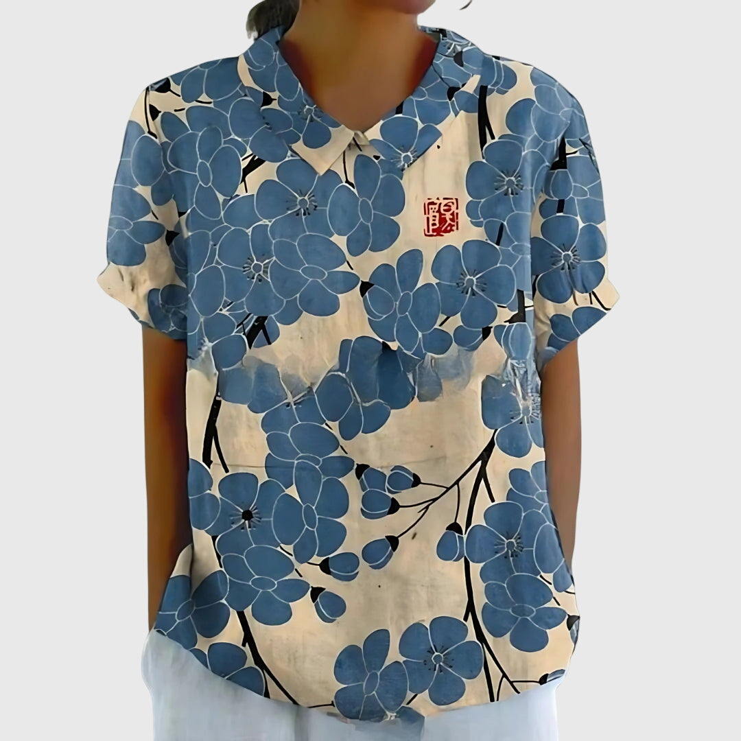 Women's Short-Sleeve Blouse with Floral Collar