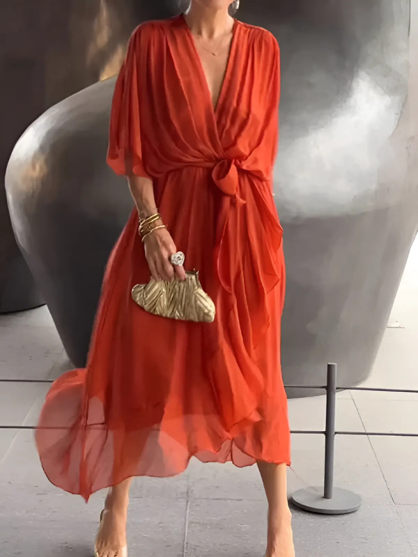 Women's Butterfly-Sleeve Midi Dress with Bow Belt