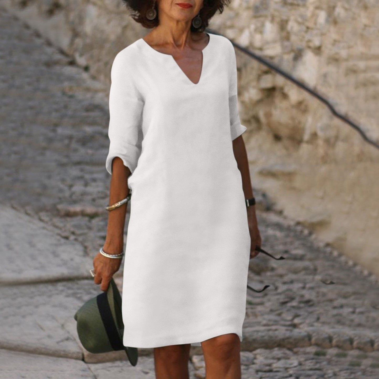 Plain Knee-Length V-Neck Dress for Women