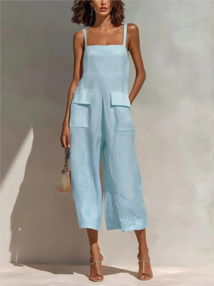 Women's Belted Linen Mid-Length Dress with Pockets
