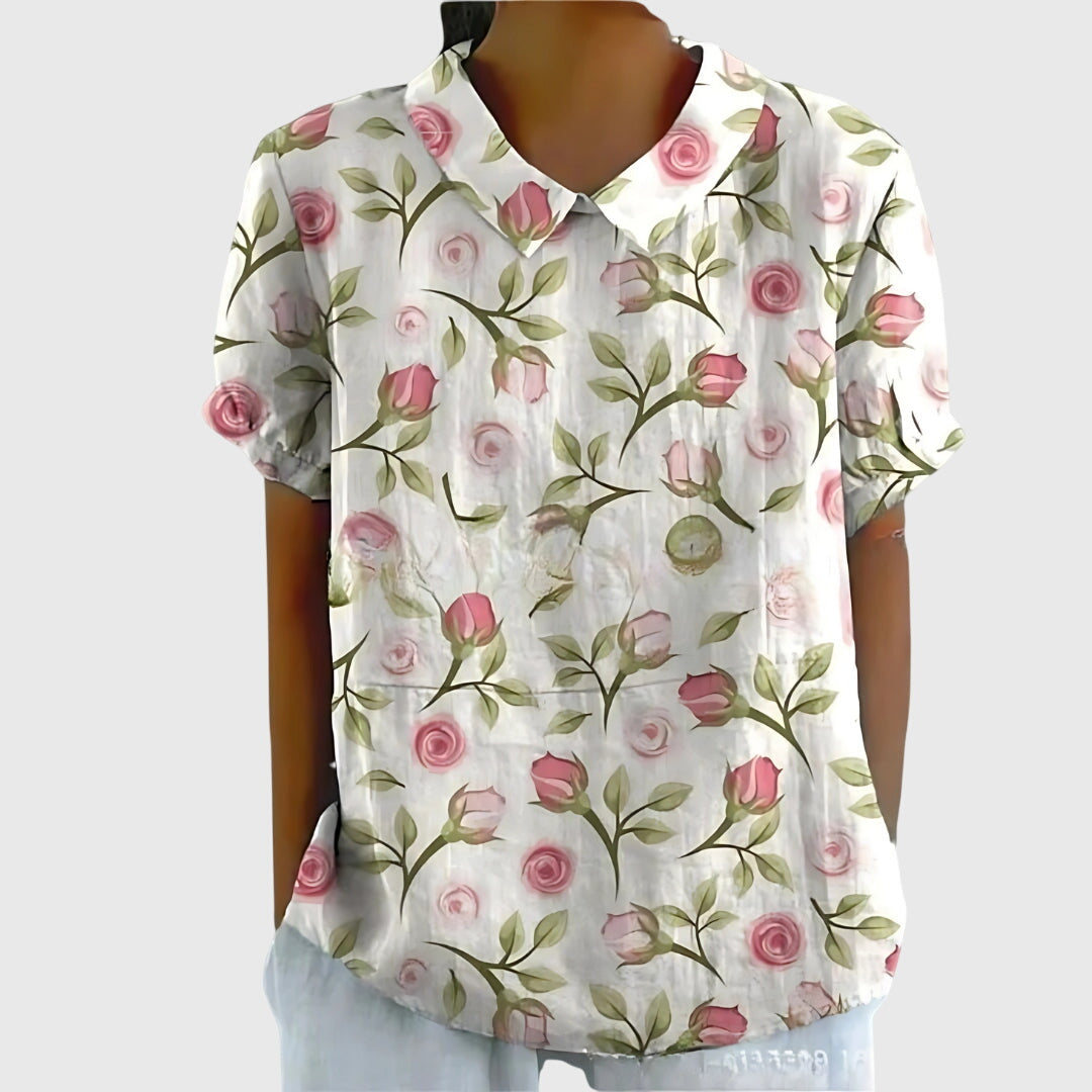 Women's Short-Sleeve Blouse with Floral Collar