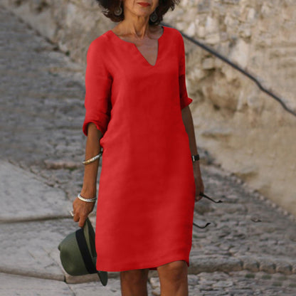 Plain Knee-Length V-Neck Dress for Women