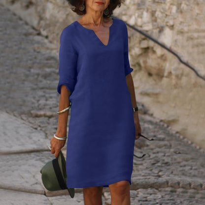 Plain Knee-Length V-Neck Dress for Women