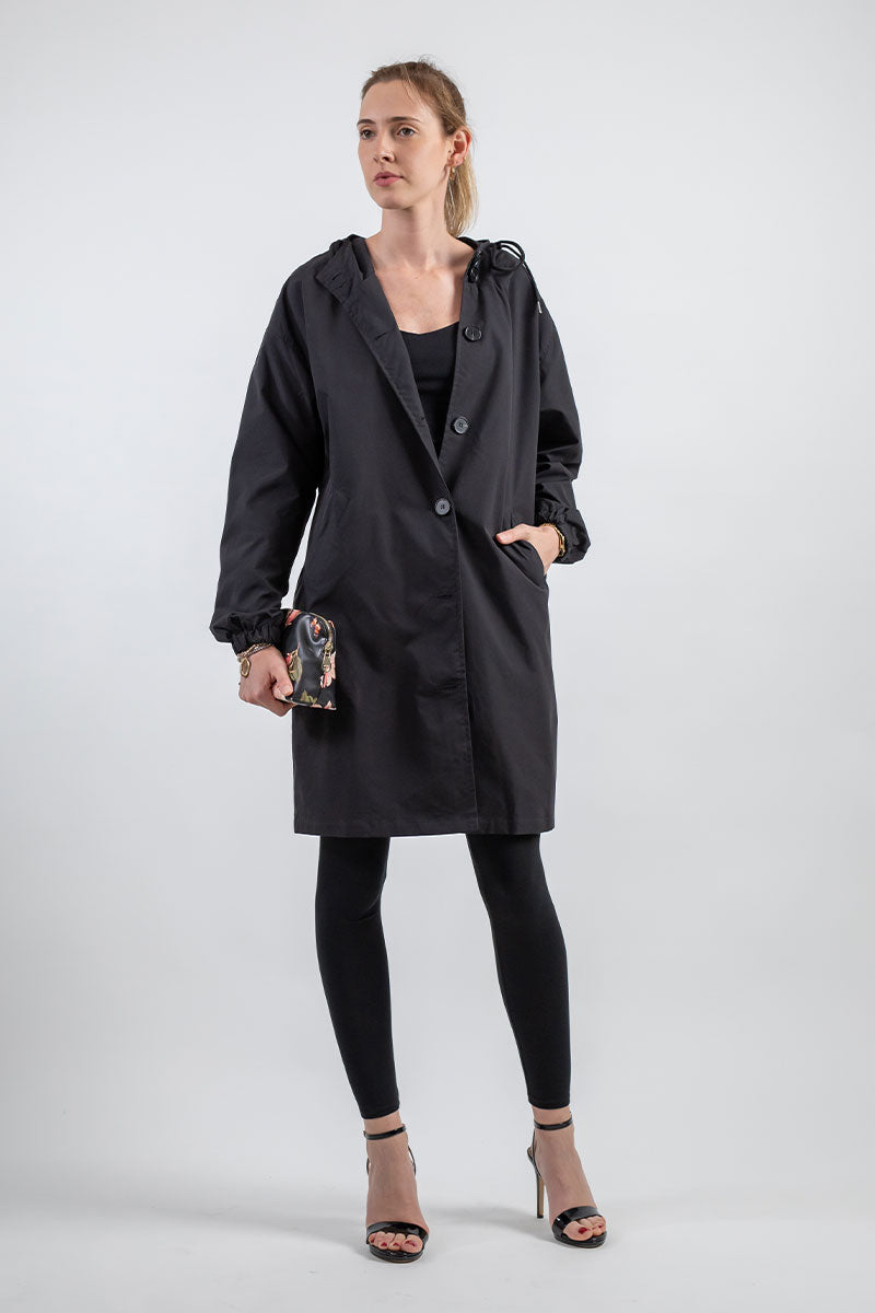 Women's Hooded Long Casual Coat with Button Closure
