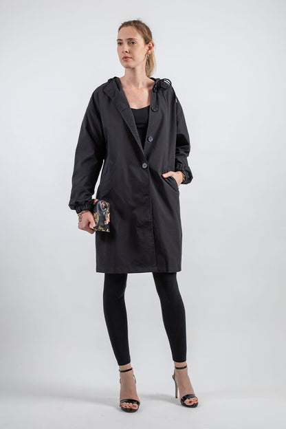 Women's Hooded Long Casual Coat with Button Closure