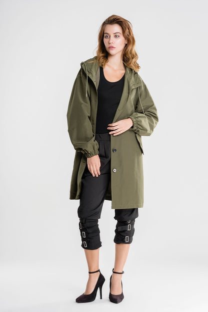 Women's Hooded Long Casual Coat with Button Closure
