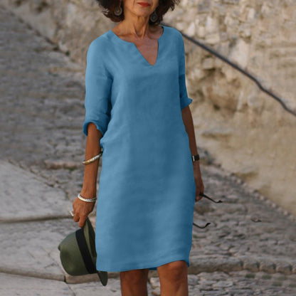 Plain Knee-Length V-Neck Dress for Women
