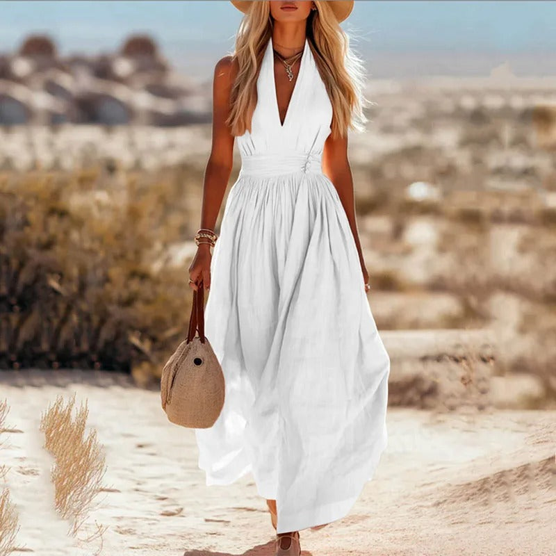 Women's Sleeveless Halterneck Linen Maxi Dress in Bohemian Style