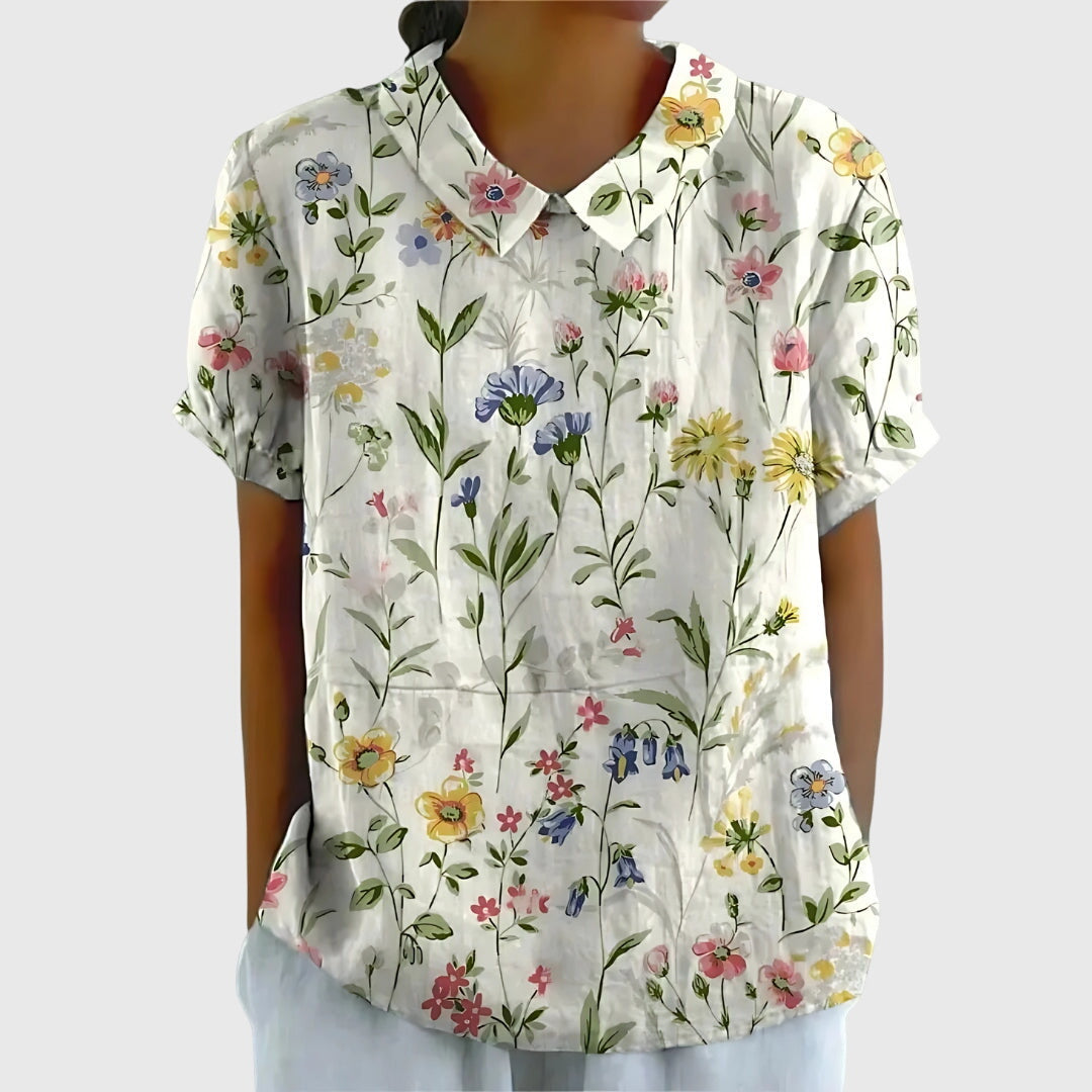Women's Short-Sleeve Blouse with Floral Collar
