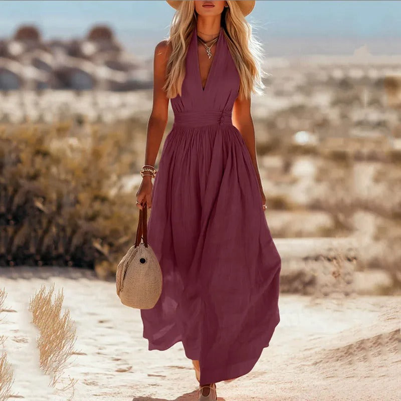 Women's Sleeveless Halterneck Linen Maxi Dress in Bohemian Style