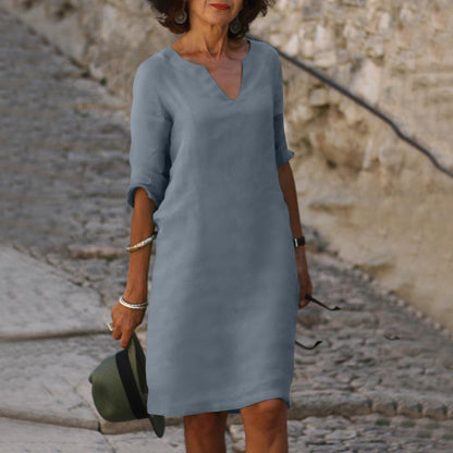 Plain Knee-Length V-Neck Dress for Women