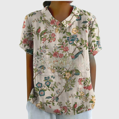 Women's Short-Sleeve Blouse with Floral Collar