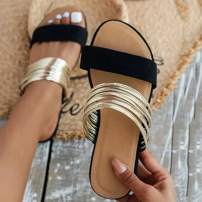 Women's Open-Toe Double-Strap Flat Slide Sandals