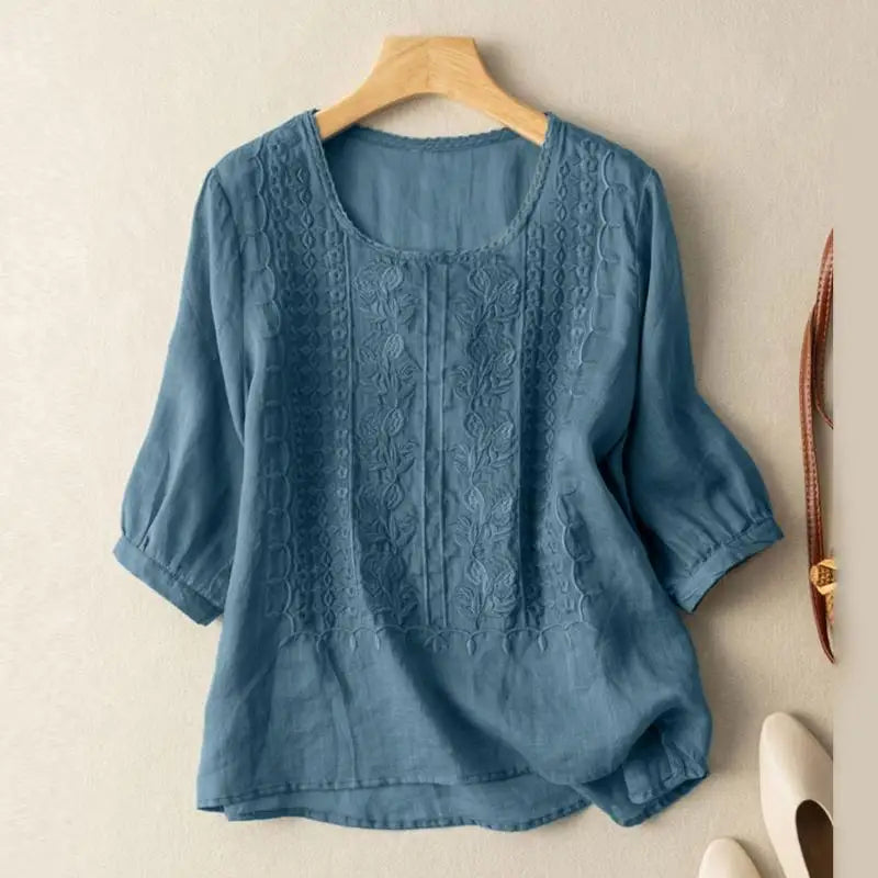 Crew-Neck Embroidered Blouse for Women