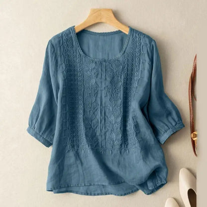 Crew-Neck Embroidered Blouse for Women