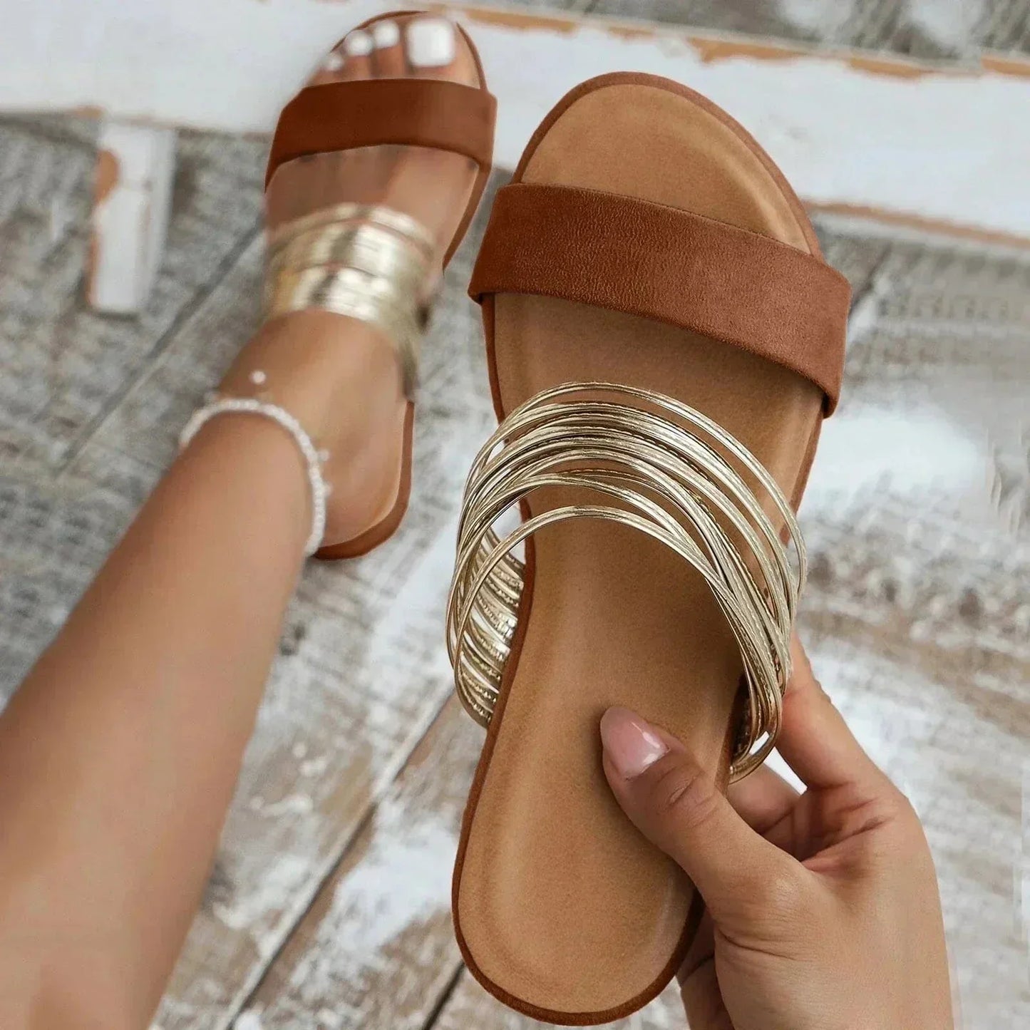 Women's Open-Toe Double-Strap Flat Slide Sandals
