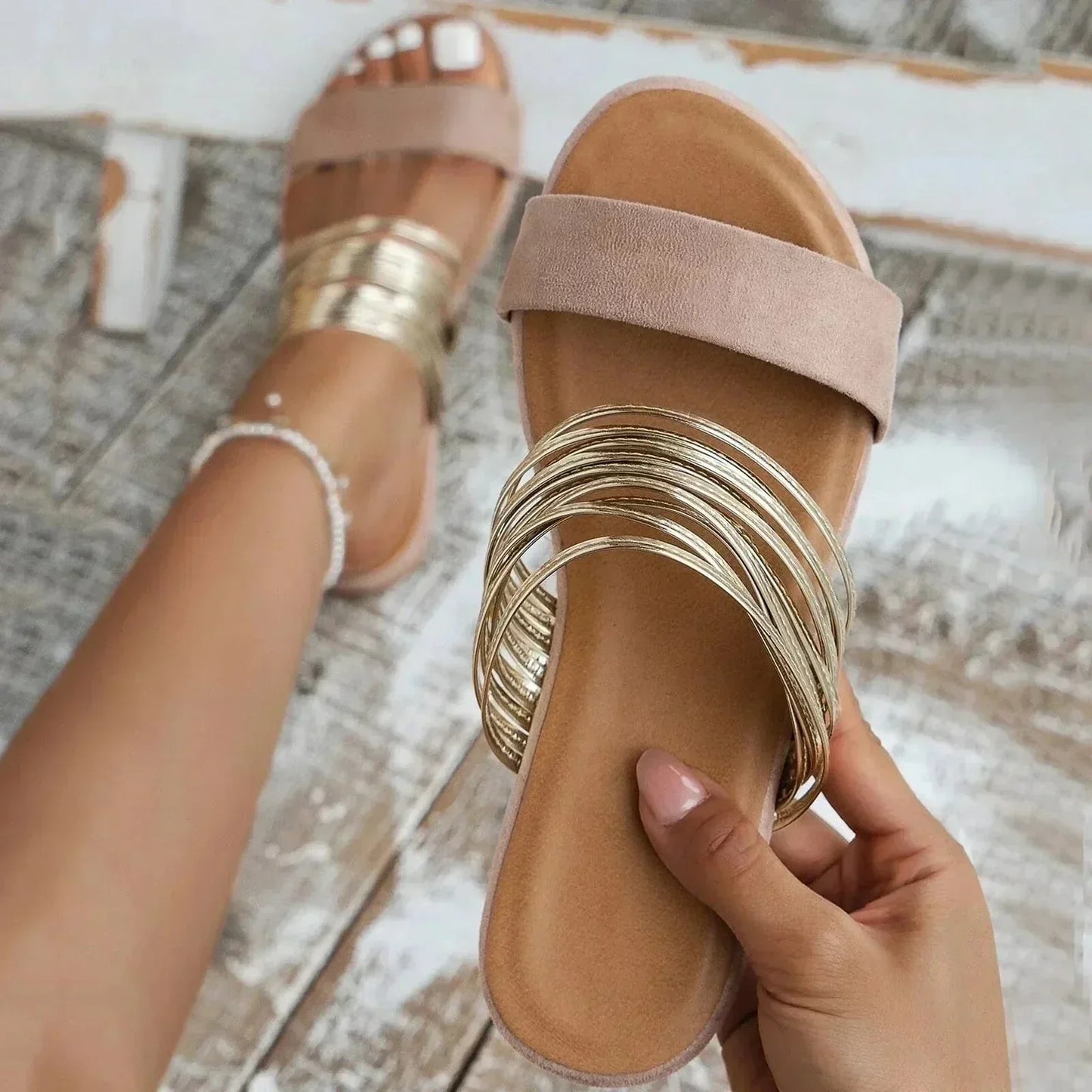 Women's Open-Toe Double-Strap Flat Slide Sandals