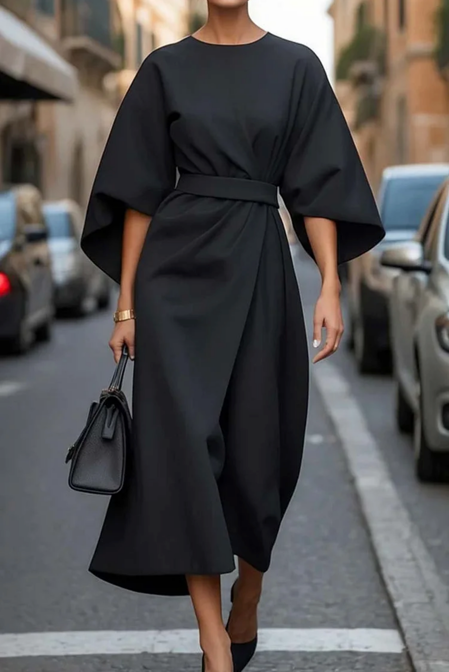 Belted Midi Dress with Kimono Sleeves for Women