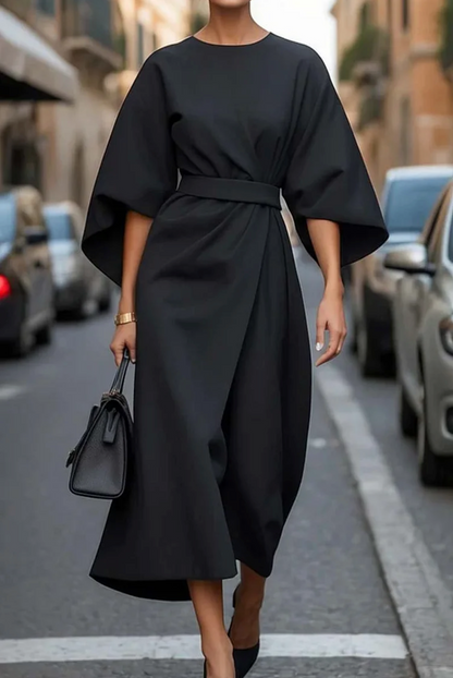 Belted Midi Dress with Kimono Sleeves for Women