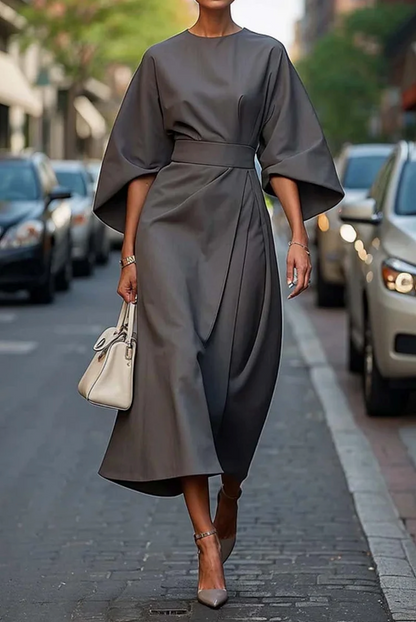 Belted Midi Dress with Kimono Sleeves for Women
