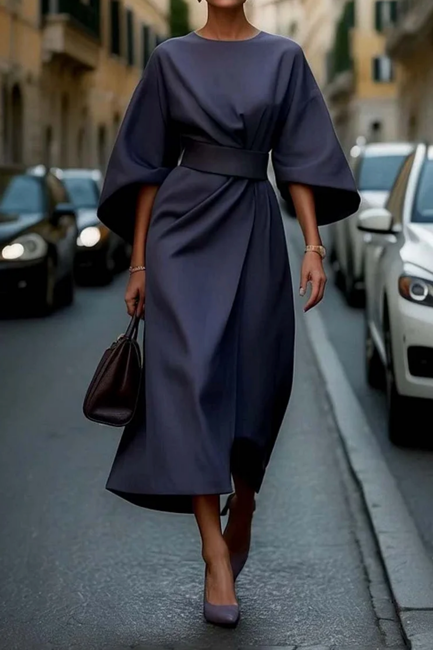 Belted Midi Dress with Kimono Sleeves for Women