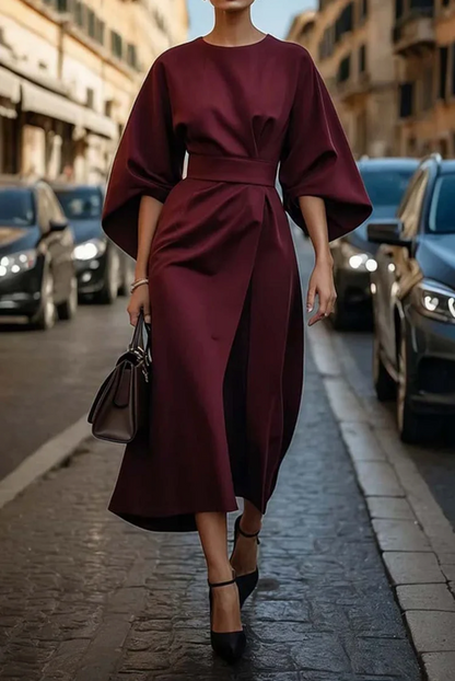 Belted Midi Dress with Kimono Sleeves for Women