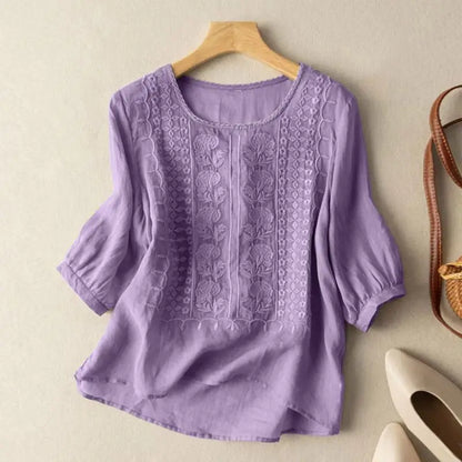 Crew-Neck Embroidered Blouse for Women