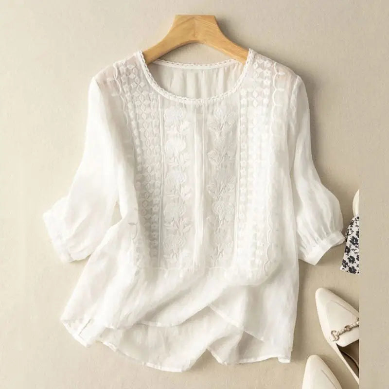 Crew-Neck Embroidered Blouse for Women