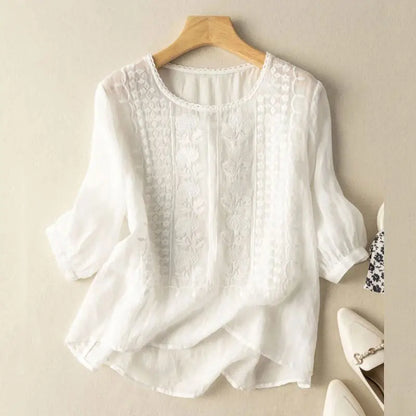 Crew-Neck Embroidered Blouse for Women