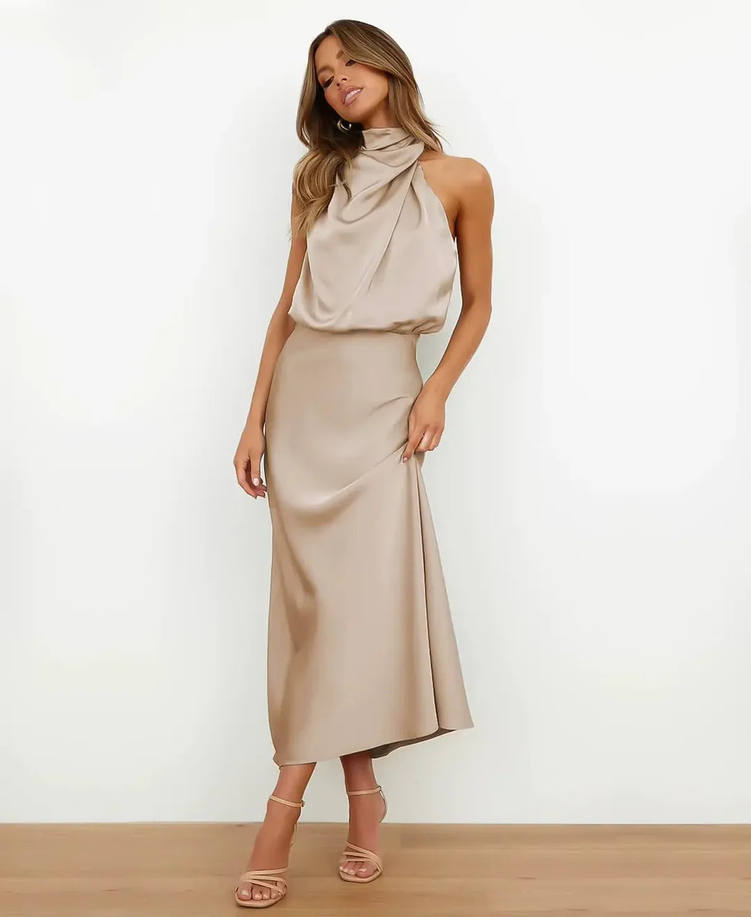 Formal Satin Halter Midi Dress for Women